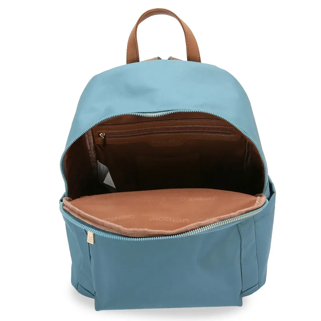 Interior da mochila Chenson azul com forro personalizado e bolso interno com zíper